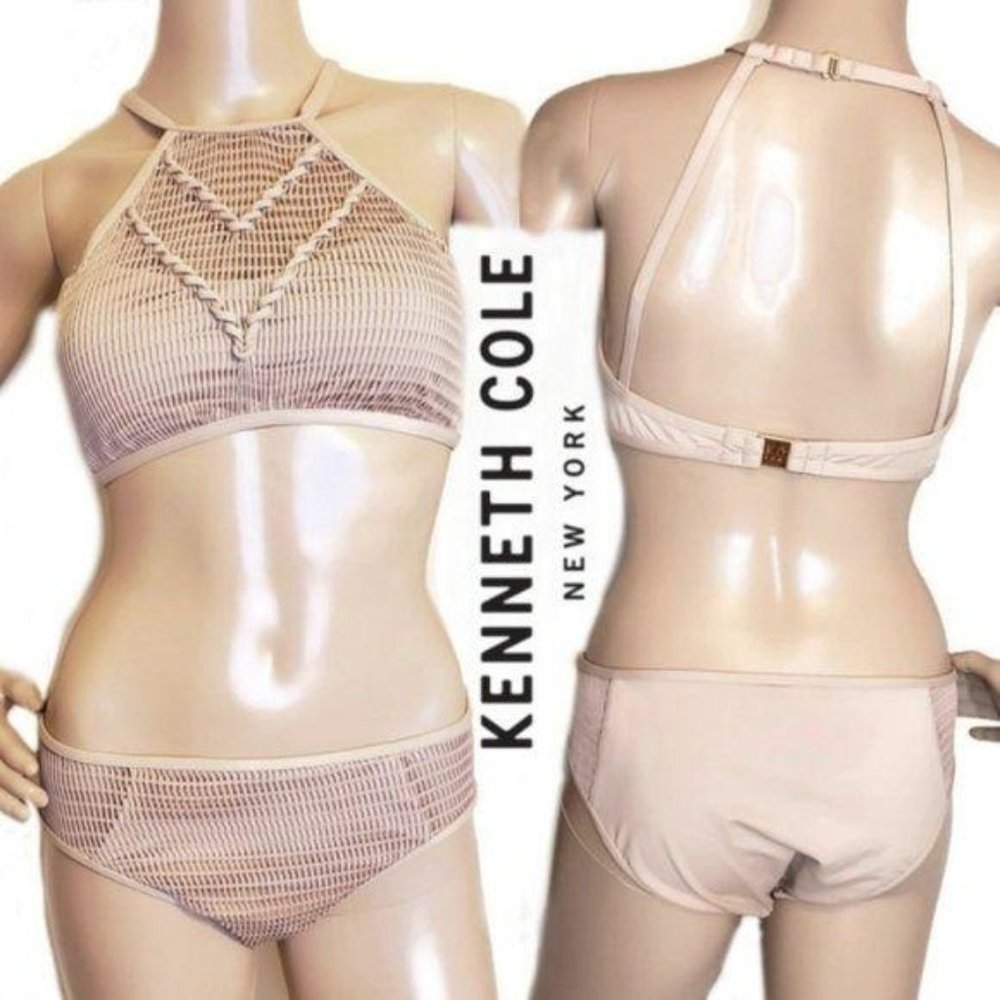 Kenneth Cole NWT nude cream bikini hight waist high neckline crocket knit small
